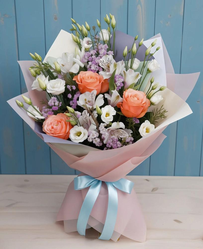 Букет цветов из: Лизиантусы, Розы, Альстромерии и Гипсофила в Тогуре
